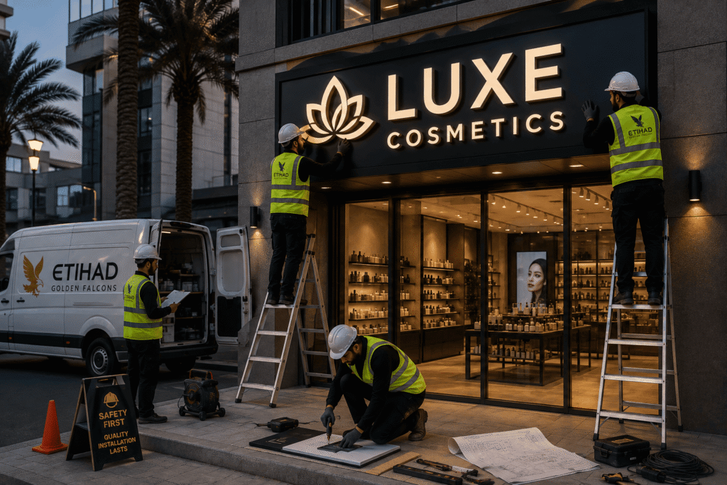 How Etihad Golden Falcons Fabricates and Installs Shopfront Signs in Riyadh