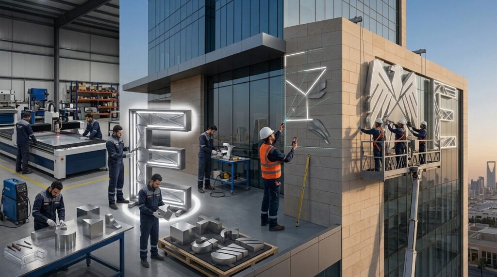 How Etihad Golden Falcons Fabricates and Installs 3D Letter Signage in Riyadh