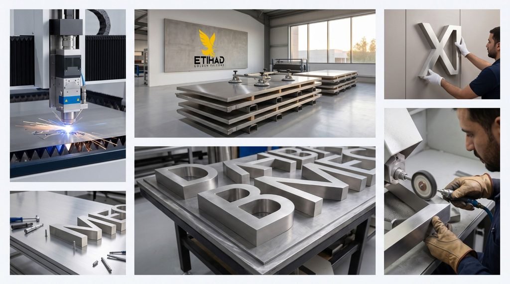 How Etihad Golden Falcons Fabricates Stainless Steel Letter Signs in Riyadh