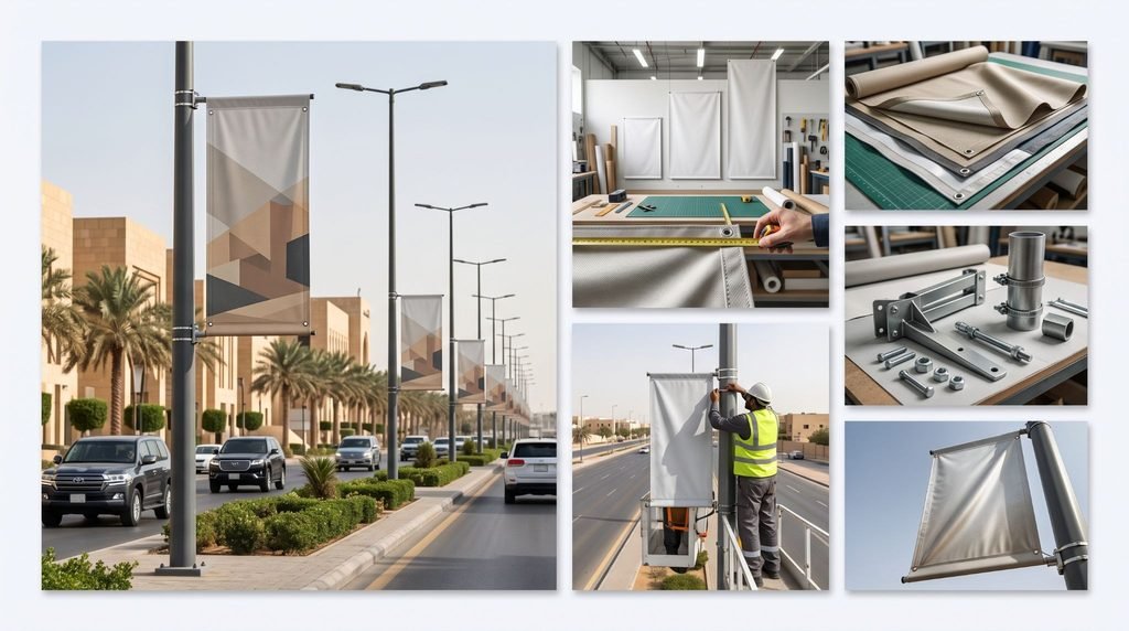 Lamp Post Banners in Riyadh: Sizes, Materials & Hardware Guide 2026